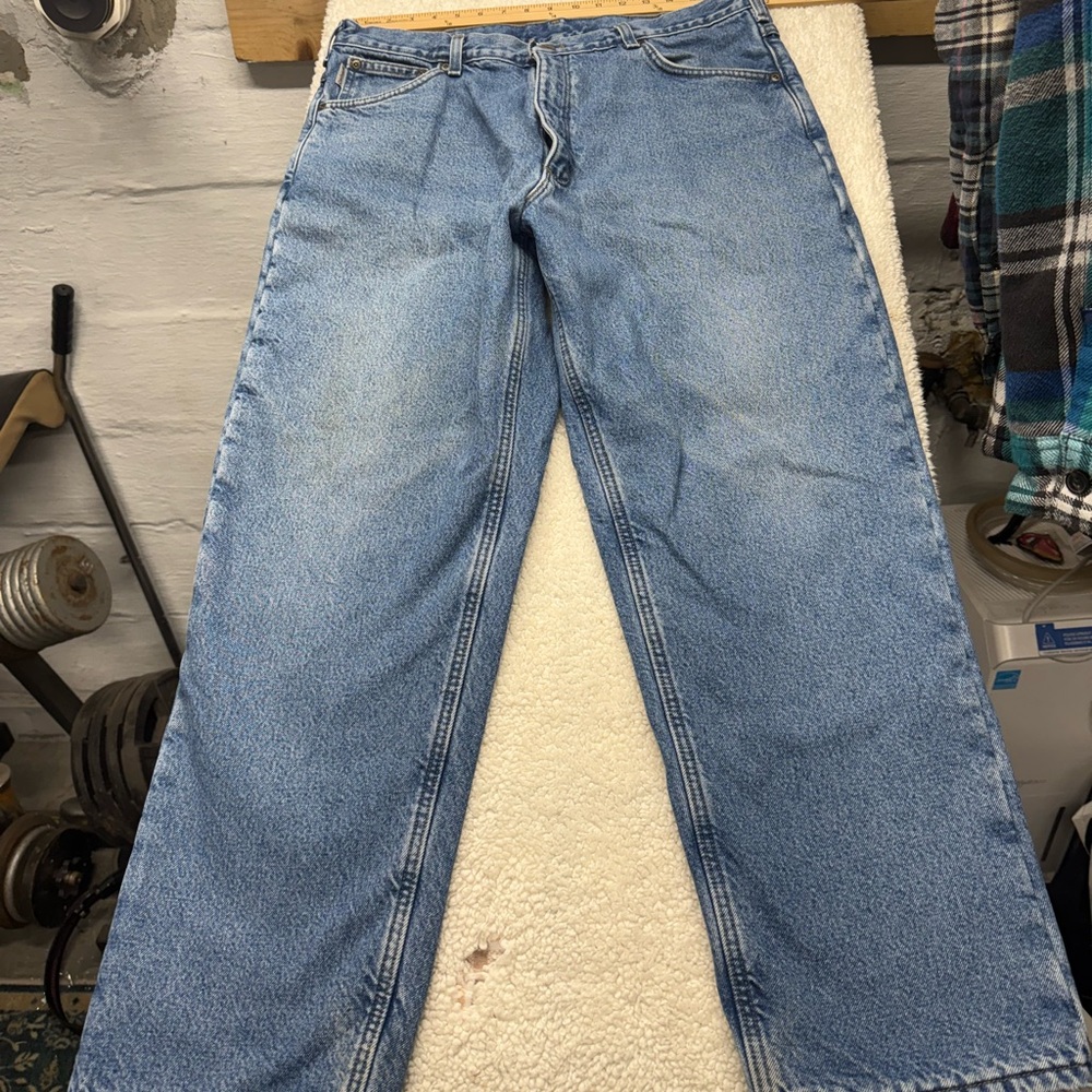 Carhartt lined Classic Blue Men's Jeans, size 38x30, faint stain right thigh